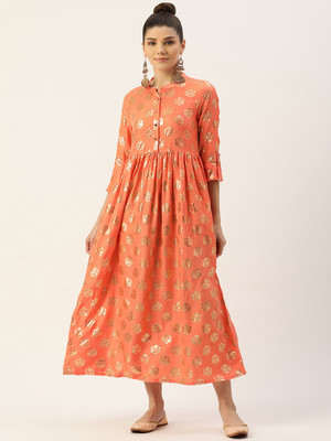 vaaba Women Printed Anarkali Kurta(Orange)