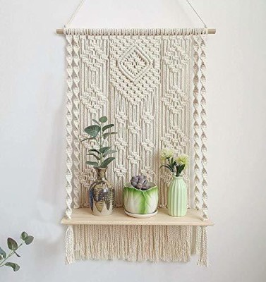 Faith Hope Love Macrame Wall Hanging Single Shelf Planter for Living Room & Decor (Design-2)(91.44 cm X 43.18 cm, Off White)