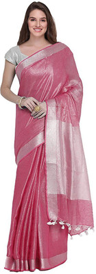 govind handloom Self Design Handloom Cotton Linen, Tissue Saree(Silver, Pink)