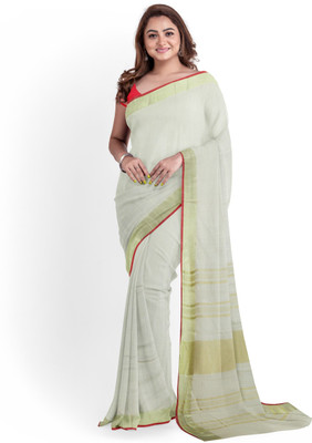 govind handloom Dyed Kasavu Cotton Linen Saree(White)