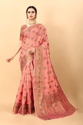 KRENIW Printed, Self Design, Woven, Floral Print Banarasi Jacquard, Cotton Silk Saree(Orange)