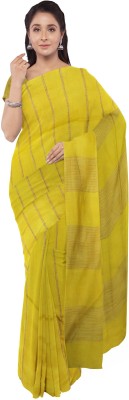 govind handloom Striped Handloom Cotton Linen Saree(Yellow)