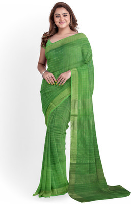 govind handloom Striped Bhagalpuri Cotton Linen Saree(Green)
