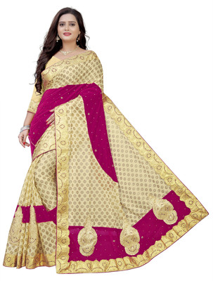 Chandan Fabrics Embellished Bollywood Velvet, Lycra Blend Saree(Gold, Pink)