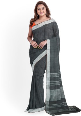 govind handloom Striped Bhagalpuri Cotton Linen Saree(Grey)