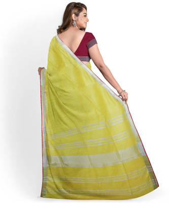 govind handloom Striped Bhagalpuri Cotton Linen Saree(Green)