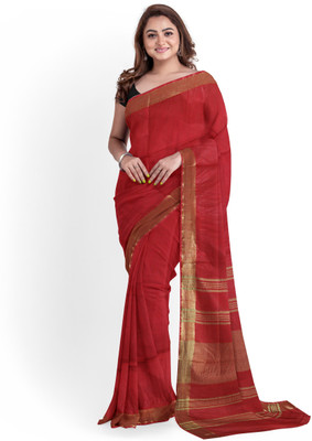 govind handloom Striped Bhagalpuri Cotton Linen Saree(Red)