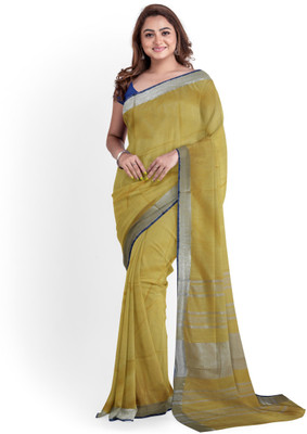 govind handloom Striped Bhagalpuri Cotton Linen Saree(Green)