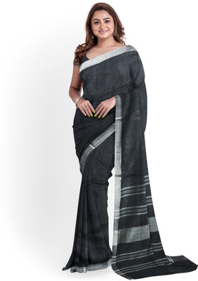 govind handloom Solid/Plain Bhagalpuri Cotton Linen Saree(Black)