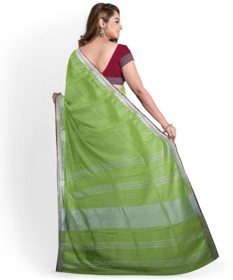 govind handloom Striped Maheshwari Cotton Linen Saree(Green)