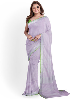 govind handloom Striped Bhagalpuri Cotton Linen Saree(Purple)