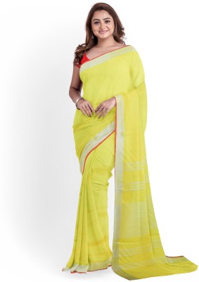 govind handloom Striped Bhagalpuri Cotton Linen Saree(Yellow)