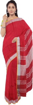 govind handloom Striped Daily Wear Cotton Blend Saree(Red)