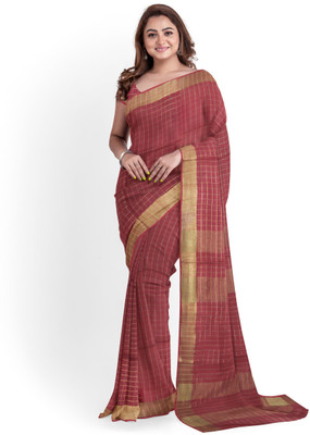 govind handloom Striped Bhagalpuri Cotton Linen Saree(Maroon)