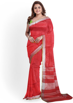 govind handloom Striped Bhagalpuri Cotton Linen Saree(Red)