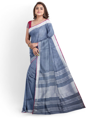 govind handloom Striped Bhagalpuri Cotton Linen Saree(Blue)