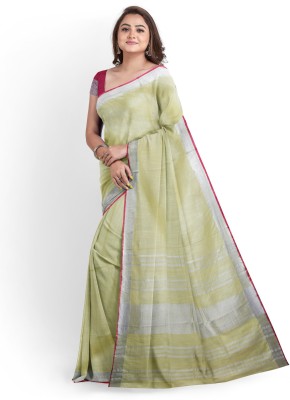 govind handloom Striped Bhagalpuri Cotton Linen Saree(Green)