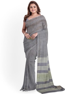 govind handloom Striped Bhagalpuri Cotton Linen Saree(Grey)