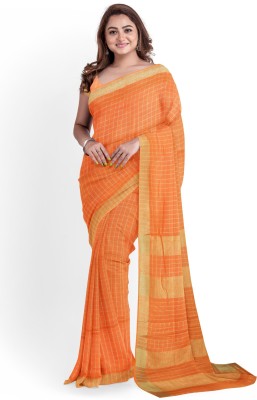 govind handloom Checkered Bhagalpuri Cotton Linen Saree(Orange)