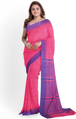 govind handloom Striped Bhagalpuri Cotton Linen Saree(Blue, Pink)