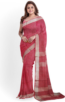 govind handloom Checkered Bhagalpuri Cotton Linen Saree(Red)