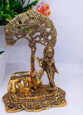 FLUKYCO Original Metal Krishna with Cow Standing Under Tree Playing Flute / Brass Showpi Decorative Showpiece  -  17 cm(Metal, Gold)