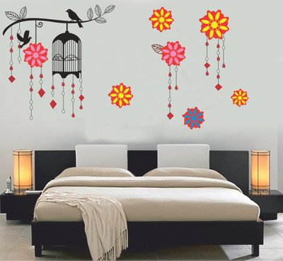 Divine studio 65 cm colourful flowers on wall with black birds Self Adhesive Sticker(Pack of 1)