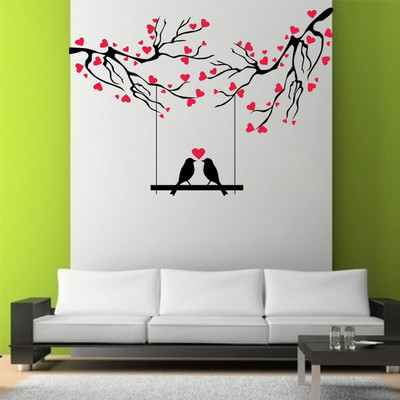 wildartcreation 65 cm Red Love Birds Wall Art Tree Swing Sticker Couple Birds Stickers Self Adhesive Sticker(Pack of 1)