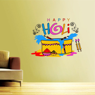 Divine studio 43 cm Happy Holi Wall Sticker( PVC Vinyl Film 32Cm X 49Cm ) Self Adhesive Sticker(Pack of 1)