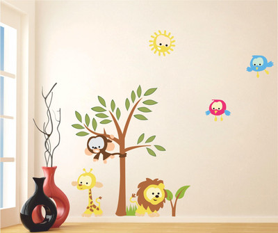 Devil designs 65 cm Jungle Animals And Tree s Self Adhesive Sticker(Pack of 1)