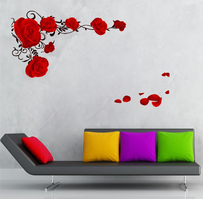 Divine studio 65 cm Rose Flowers with Vine Blowing on My Wall' PVC Vinyl, 82CM X 121CM Self Adhesive Sticker(Pack of 1)