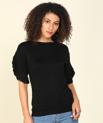 Park Avenue Women Woven Round Neck Casual Women Black Sweater