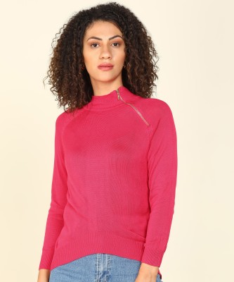 Park Avenue Women Solid High Neck Casual Women Pink Sweater