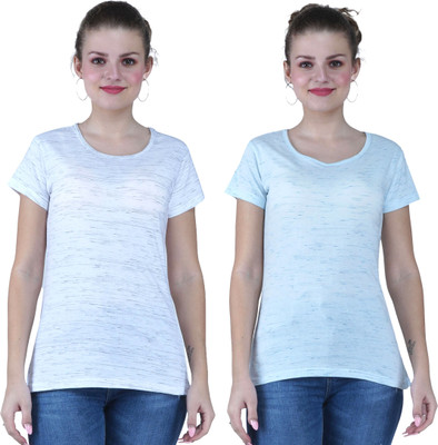 YUALIN CREATION Self Design Women Round Neck Light Blue T-Shirt