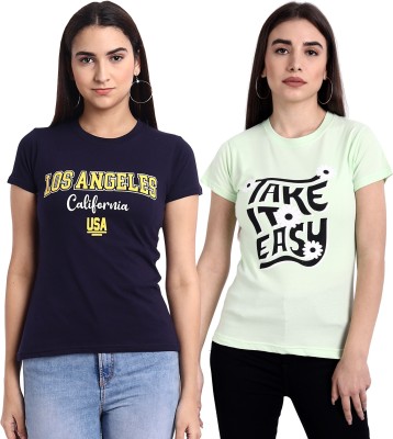 Fabflee Typography Women Round Neck Light Green, Navy Blue T-Shirt