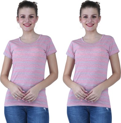 KEOTI Striped Women Round Neck Pink T-Shirt