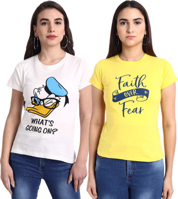 Fabflee Typography Women Round Neck White, Yellow T-Shirt