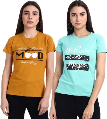 Fabflee Printed Women Round Neck Light Blue, Yellow T-Shirt