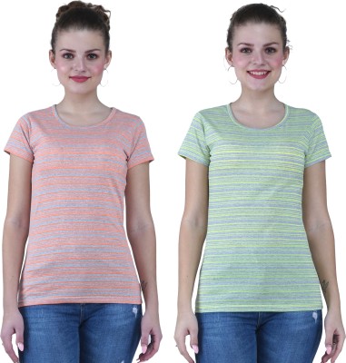 KEOTI Striped Women Round Neck Light Green T-Shirt