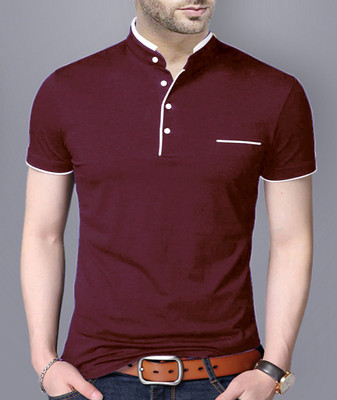 Subzero Fashion Solid Men Polo Neck Maroon T-Shirt