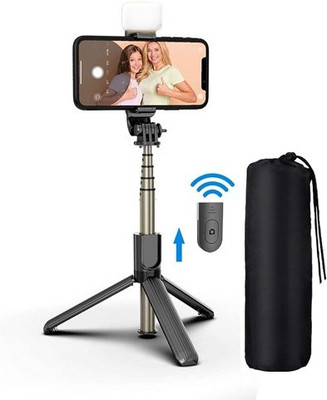 POZUB Selfie Stick BT Extendable Selfie Stick Tripod with Fill Light Shutter Remote Tripod, Monopod, Monopod Kit, Tripod Ball Head, Tripod Bracket, Tripod Clamp, Tripod Kit(Black, Supports Up to 600 g)