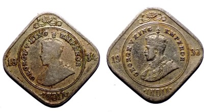 Hariom 1933 -1934 - 2 ANNA GEORGE V KING BRITISH INDIA COPPER-NICKEL COINS Ancient Coin Collection(2 Coins)
