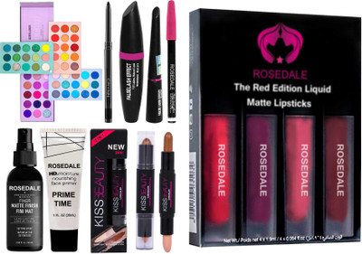 Crynn Rosedale 3in1 Eyeliner Mascara Eyebrow Fixer Primer Lipstick Contour Compact Eyeshadow & Glazed Color Board Eyeshadow Palette(6 Items in the set)