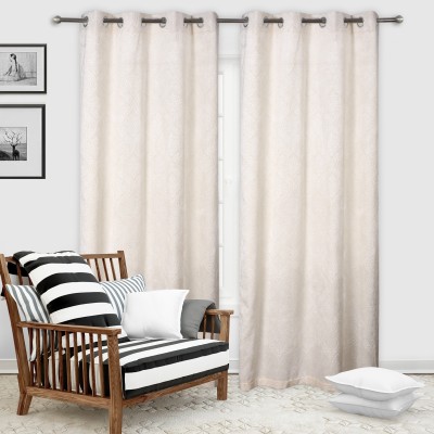 Impression Hut 274 cm (9 ft) Velvet Room Darkening Long Door Curtain (Pack Of 2)(Floral, Cream)