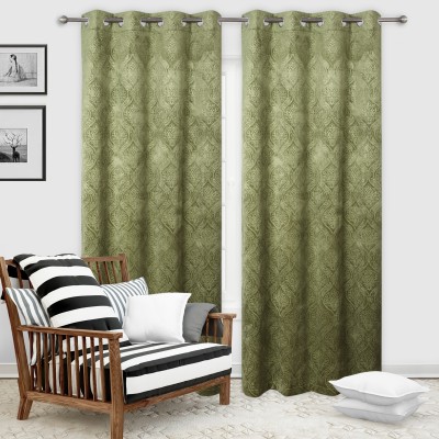 Impression Hut 214 cm (7 ft) Velvet Room Darkening Door Curtain (Pack Of 2)(Floral, Green)