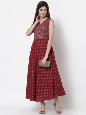Hisham Women Fit and Flare Maroon Midi/Calf Length Dress