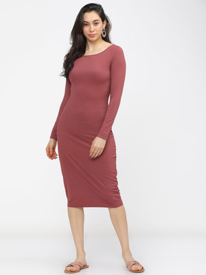 Tokyo Talkies Women Ribbed Pink Knee Length Dress