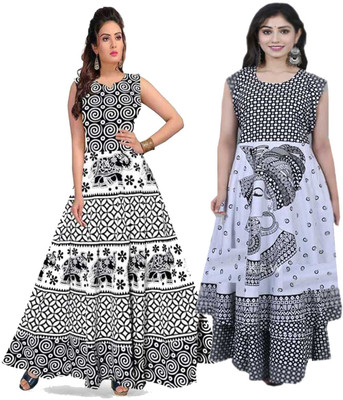 shree industries Women A-line Black, White Ankle Length Dress