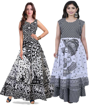 Kuber taxtile Women Fit and Flare Black, White Maxi/Full Length Dress