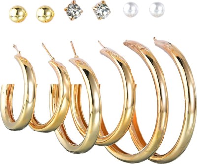 YELLOW CHIMES Combo of 6 Pairs Crystal Pearl Rose Gold Plated Stud Hoop Earrings Set Brass Hoop Earring